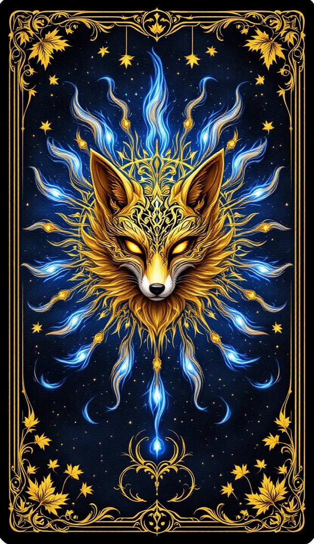 The back of a Kitsune Tarot card: a golden fox mask radiating foxfire